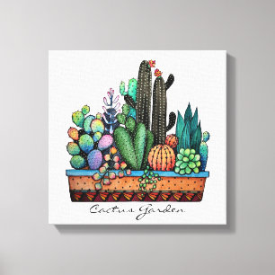 Cute Watercolor Cactus Garden In Pot Canvas Print
