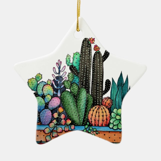 Cute Watercolor Cactus Garden In Pot Ceramic Ornament (Front)