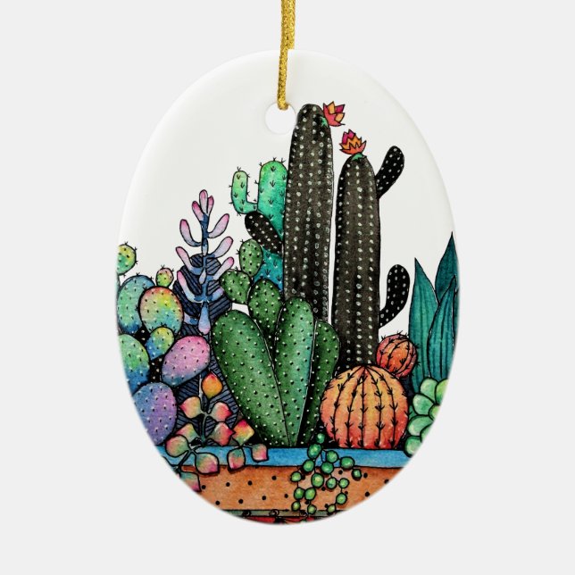 Cute Watercolor Cactus Garden In Pot Ceramic Ornament (Front)