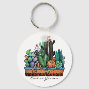 Cute Watercolor Cactus Garden In Pot Keychain