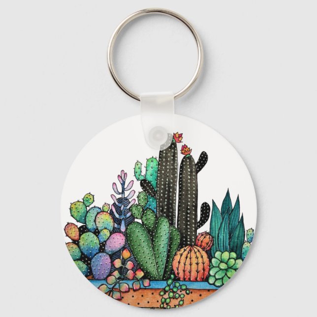 Cute Watercolor Cactus Garden In Pot Keychain (Front)