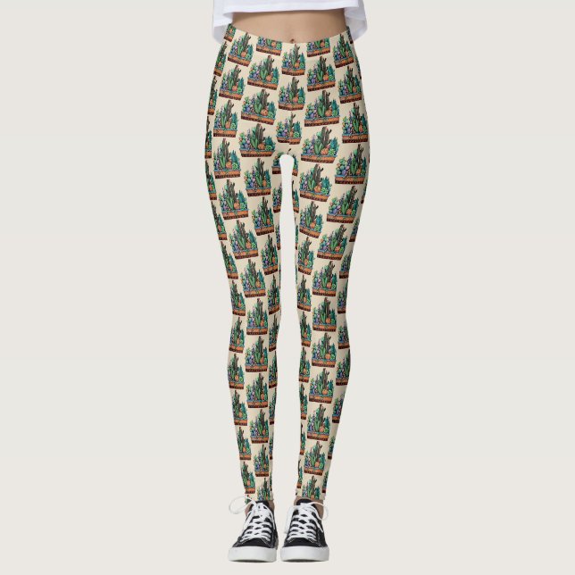 Cute Watercolor Cactus Garden In Pot Leggings (Front)