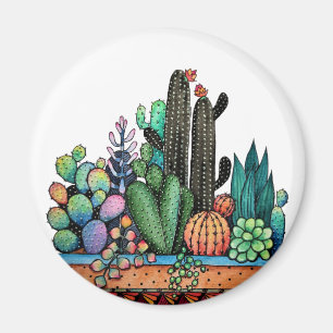Cute Watercolor Cactus Garden In Pot Magnet