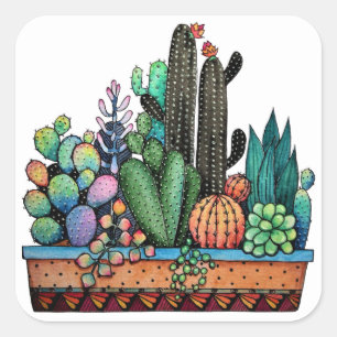 Cute Watercolor Cactus Garden In Pot Square Sticker