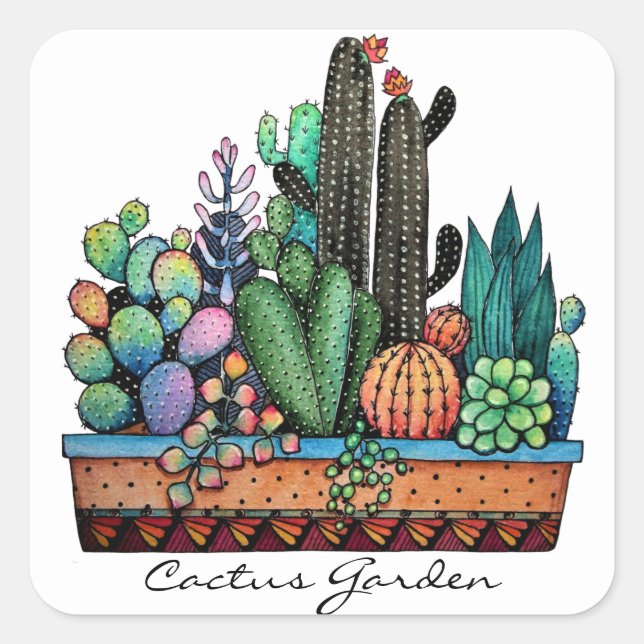Cute Watercolor Cactus Garden In Pot Square Sticker (Front)