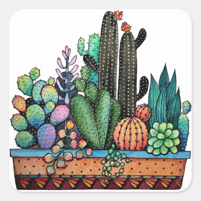 Cute Watercolor Cactus Garden In Pot Square Sticker (Front)