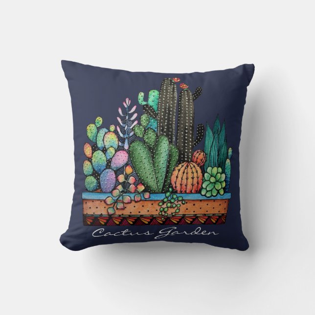 Cute Watercolor Cactus Garden In Pot Throw Pillow (Front)