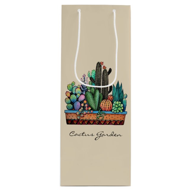 Cute Watercolor Cactus Garden In Pot Wine Gift Bag (Front)