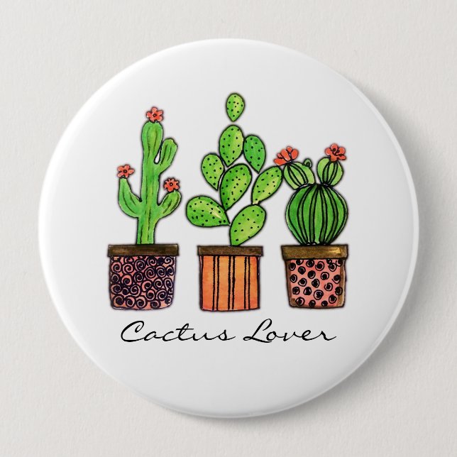 Cute Watercolor Cactus In Pots 4 Inch Round Button (Front)