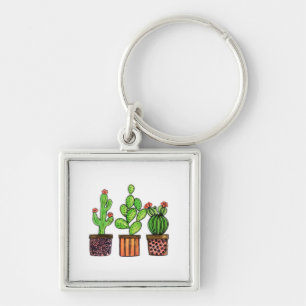 Cute Watercolor Cactus In Pots Keychain