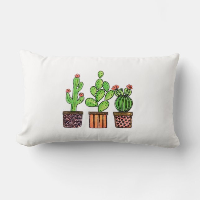 Cute Watercolor Cactus In Pots Lumbar Pillow (Front)