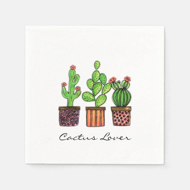 Cute Watercolor Cactus In Pots Napkin (Front)
