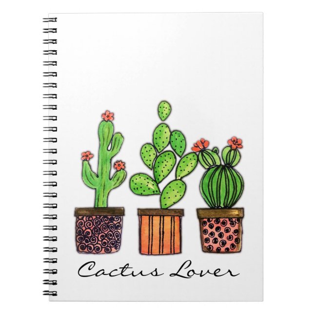 Cute Watercolor Cactus In Pots Notebook (Front)