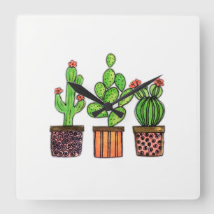 Cute Watercolor Cactus In Pots Square Wall Clock