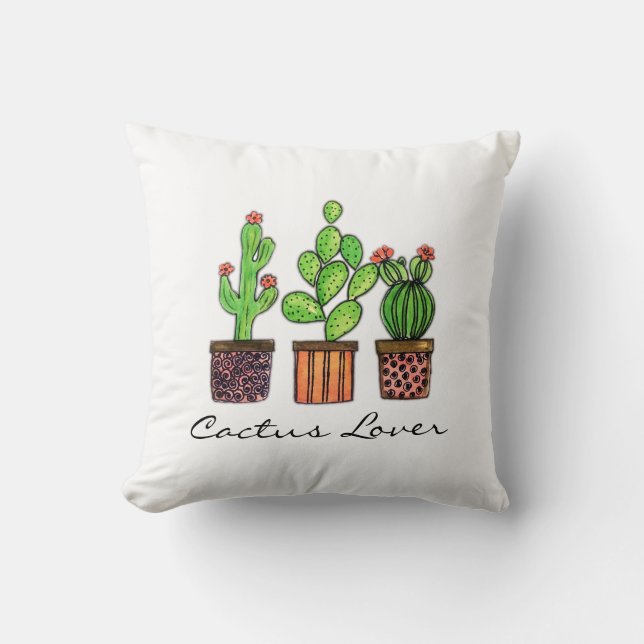 Cute Watercolor Cactus In Pots Throw Pillow (Front)