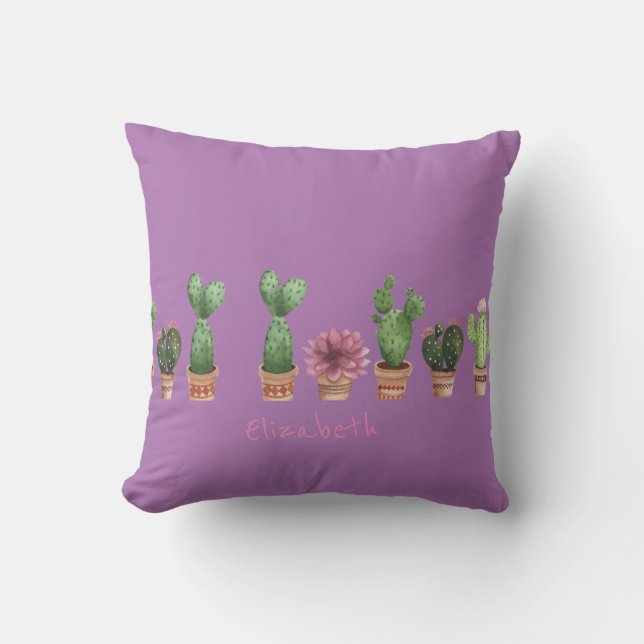 Cute Watercolor Cactus- Personalized Throw Pillow (Front)