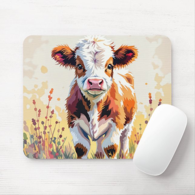 Cute Watercolor Calf In Field Weeds Mouse Pad (With Mouse)