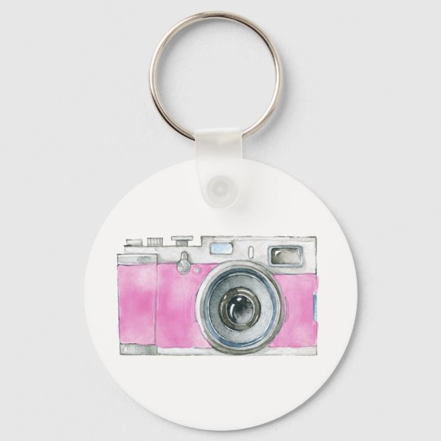 Cute Watercolor Camera Painting in Violet Graphic Keychain (Front)