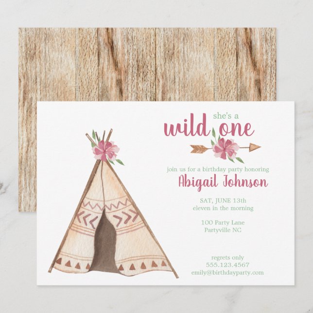 Cute Watercolor Camping Wild One First Birthday Invitation (Front/Back)