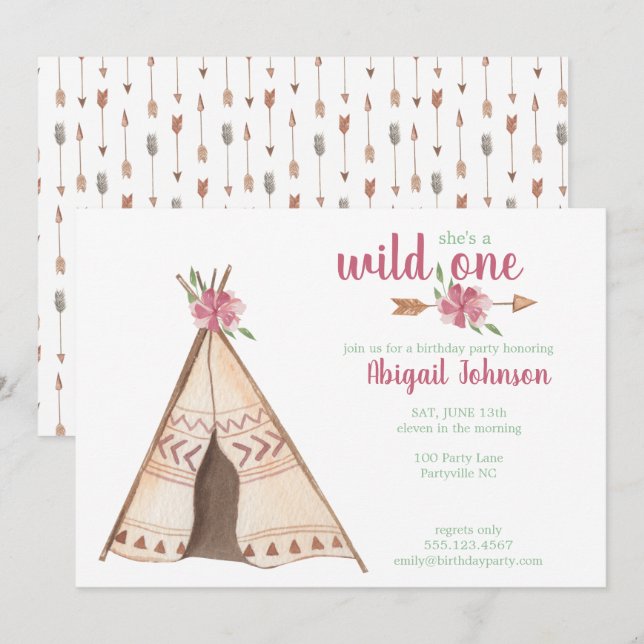 Cute Watercolor Camping Wild One First Birthday Invitation (Front/Back)