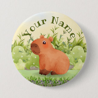 Cute Watercolor Capybara Custom Name Round Button 