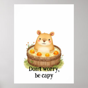 Cute Watercolor Capybara in Hot Tub with Oranges & Poster
