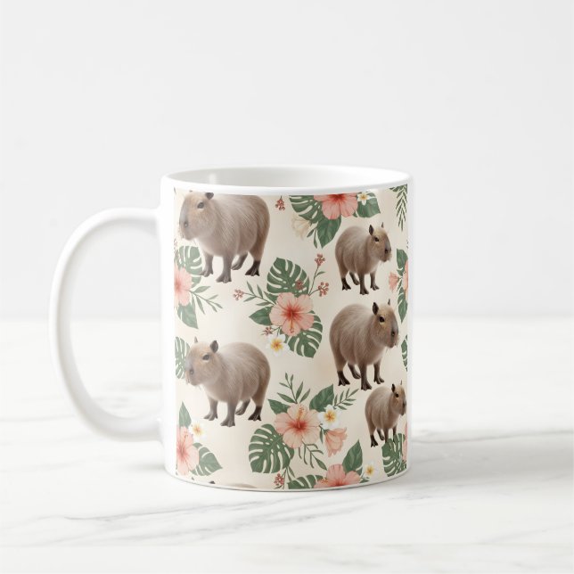 Cute Watercolor Capybara Seamless Pattern Coffee Mug (Left)