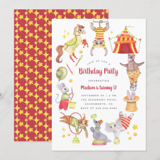 Cute Watercolor Carnival Circus Animal Birthday Invitation