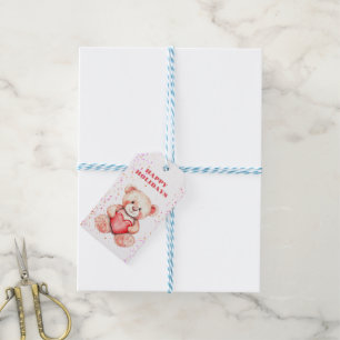cute watercolor cartoon bear with red heart gift tags