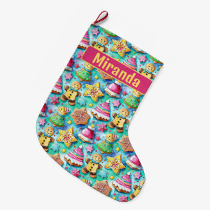 Cute Watercolor Cartoon Gingerbread Cookie Large Christmas Stocking
