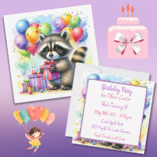 Cute Watercolor Cartoon Raccoon Birthday Invitation