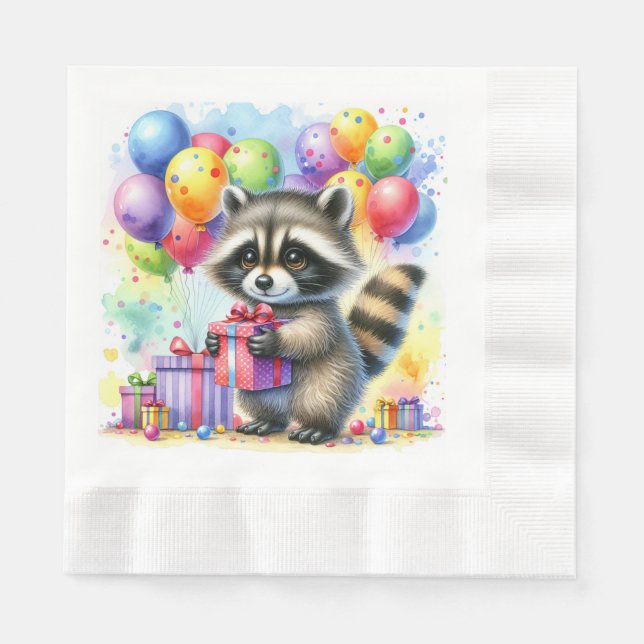 Cute Watercolor Cartoon Raccoon Birthday Napkin (Front)