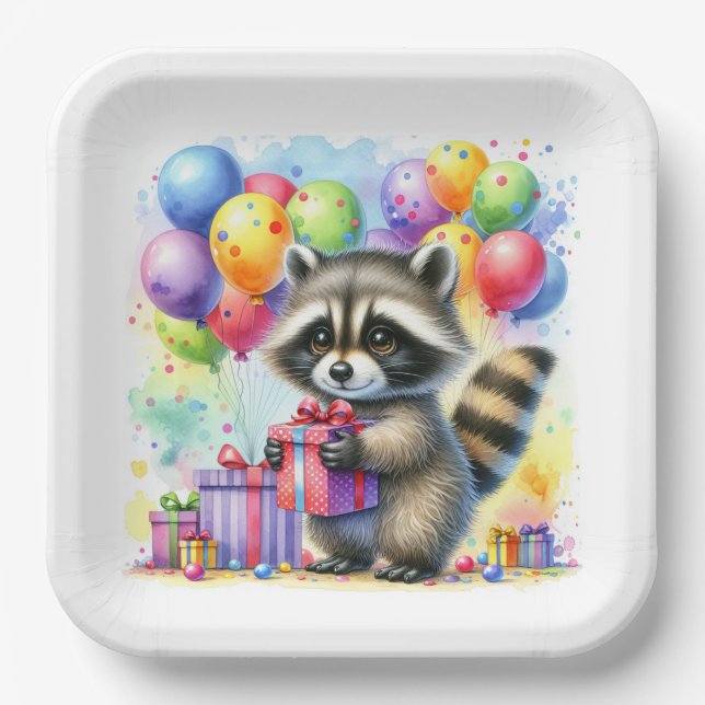 Cute Watercolor Cartoon Raccoon Birthday Paper Plate (Front)