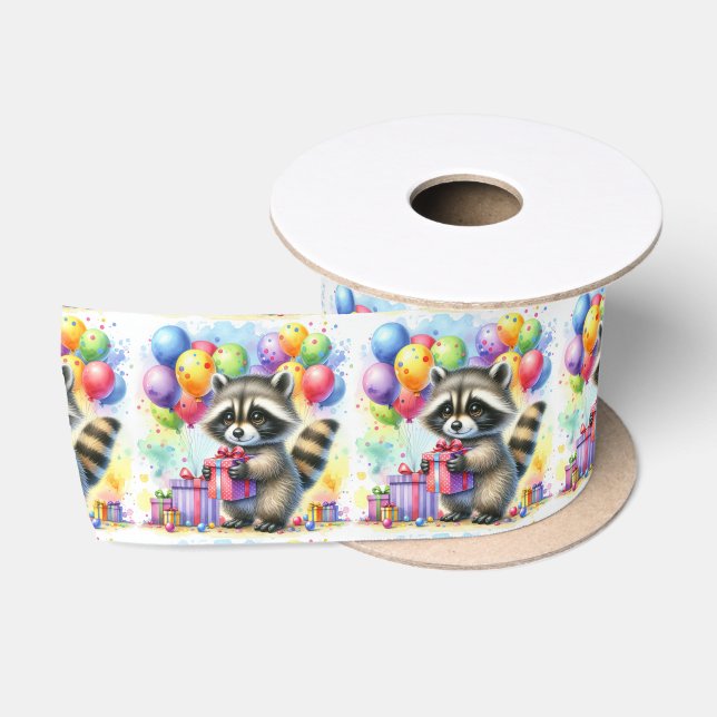 Cute Watercolor Cartoon Raccoon Birthday Satin Ribbon (Spool)