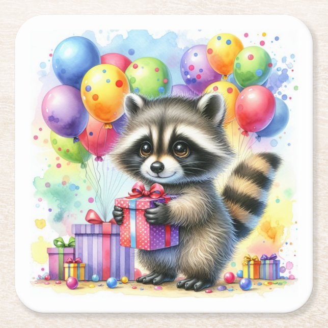 Cute Watercolor Cartoon Raccoon Birthday Square Paper Coaster (Front)