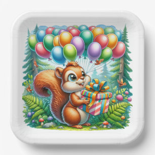 Cute Watercolor Cartoon Squirrel Birthday Paper Plate