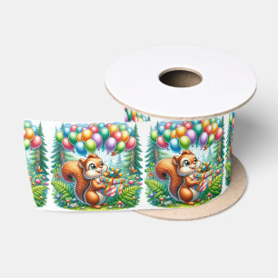 Cute Watercolor Cartoon Squirrel Birthday Satin Ribbon