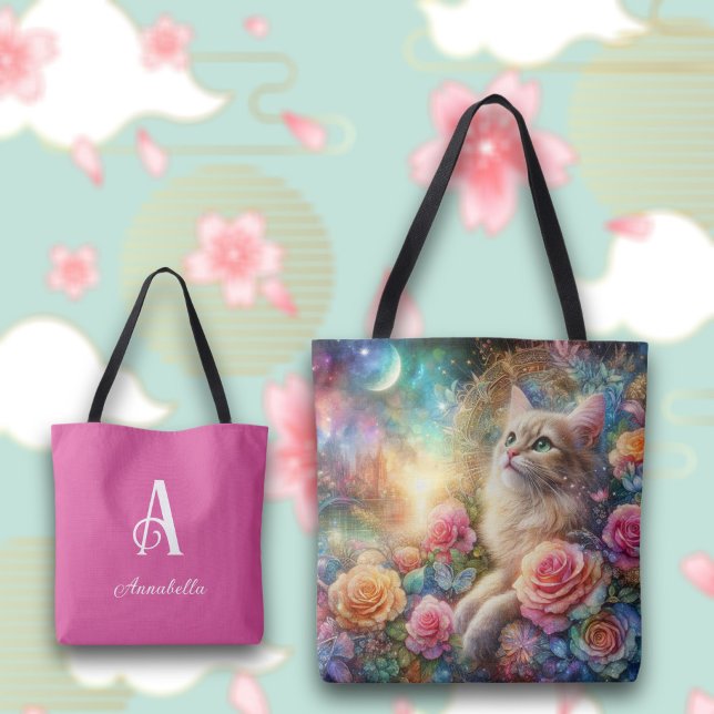 Cute Watercolor Cat Floral Fantasy Personalized Tote Bag (Creator Uploaded)
