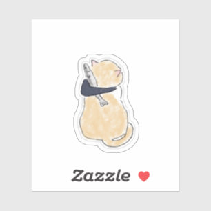 Cute Watercolor Cat Holding Fish Vinyl Sticker