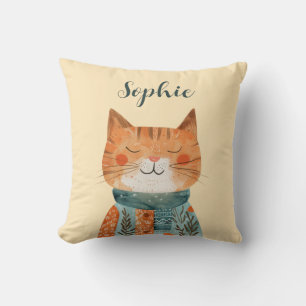 Cute Watercolor Cat Illustration Nursery Name Throw Pillow