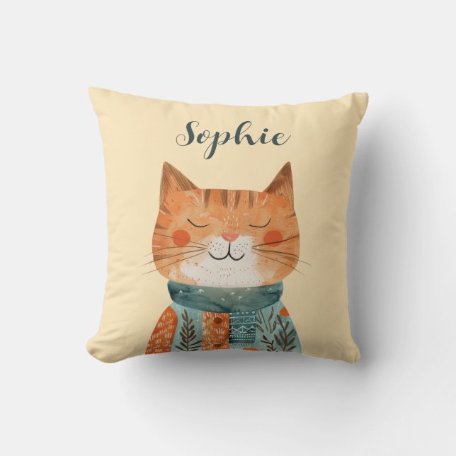Cute Watercolor Cat Illustration Nursery Name Throw Pillow (Front)