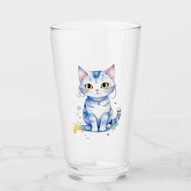 Cute watercolor cat (kitten) design glass (Front)