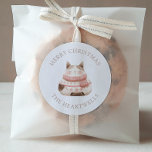Cute Watercolor Cat Personalized Merry Christmas Classic Round Sticker<br><div class="desc">These cute holiday stickers feature an adorable pink and beige watercolor cat in a cozy pink scarf. The words "Merry Christmas" appear in beige serif font,  with your family's name below.</div>