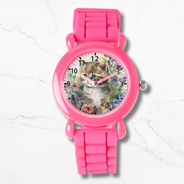 Cute Watercolor Cat Pretty Flowers Girly Watch (Creator Uploaded)