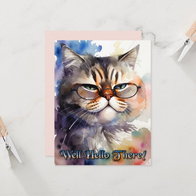 Cute Watercolor Cat Wearing Glasses Greeting Card (Front/Back In Situ)