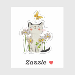 Cute Watercolor Cat with Daisies and Butterfly