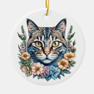 Cute Watercolor Cat with Flowers Christmas Ceramic Ornament