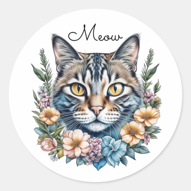 Cute Watercolor Cat with Flowers   Classic Round Sticker (Front)