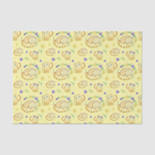 Cute Watercolor Cats and Flowers Pattern Yellow Tissue Paper