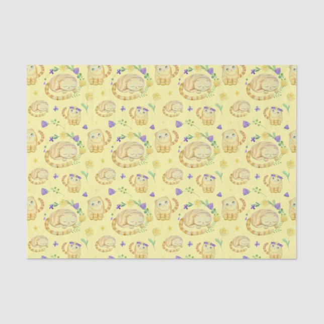 Cute Watercolor Cats and Flowers Pattern Yellow Tissue Paper (Front)